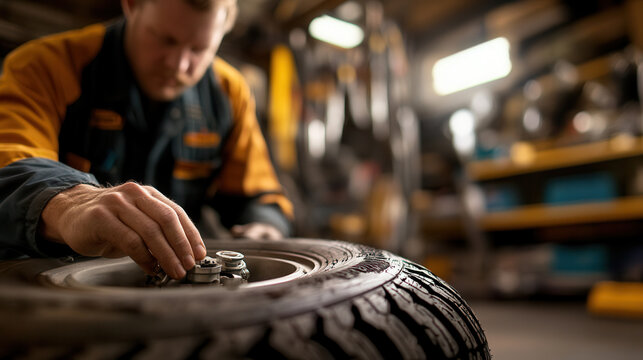 mechanic adjusts tire inflator in workshop, showcasing skilled hands at work. focused expression highlights importance of precision in tire maintenance