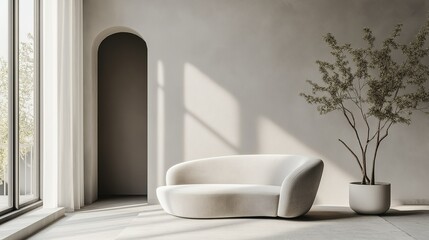 Serene Modern Living Room:  A stylish off-white curved sofa bathed in sunlight, complemented by a minimalist potted plant and arched doorway, creating a calm and sophisticated atmosphere.  