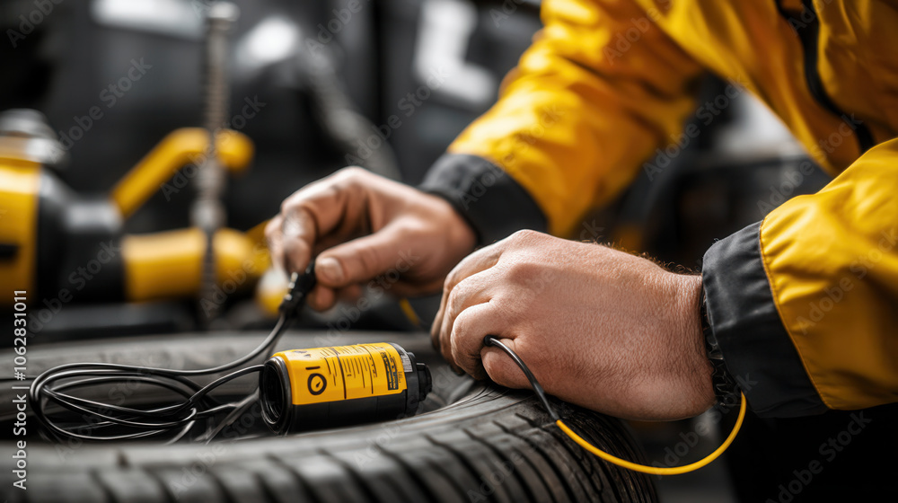 Poster close up of mechanic hands working on tire pressure monitor, adjusting wires and ensuring proper fun