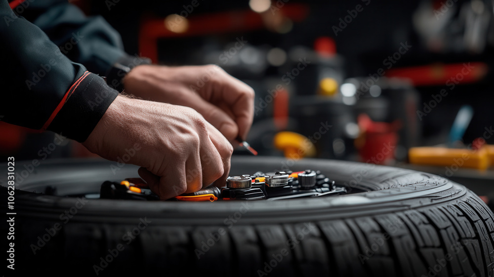Poster close up of mechanic hands working on tire, adjusting tools with precision in workshop. focus is on 