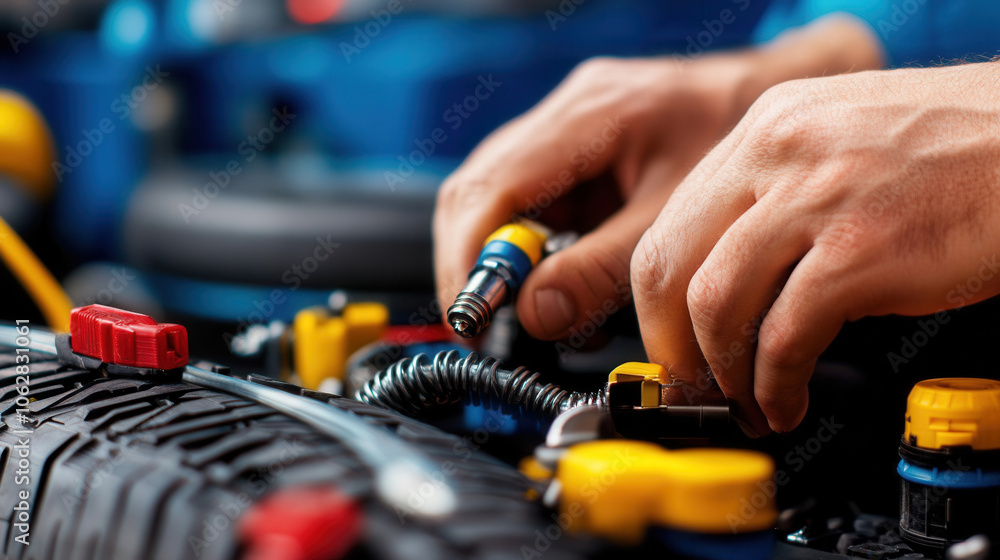 Poster close up of mechanic hands working on vehicle engine, adjusting components with precision and care. 