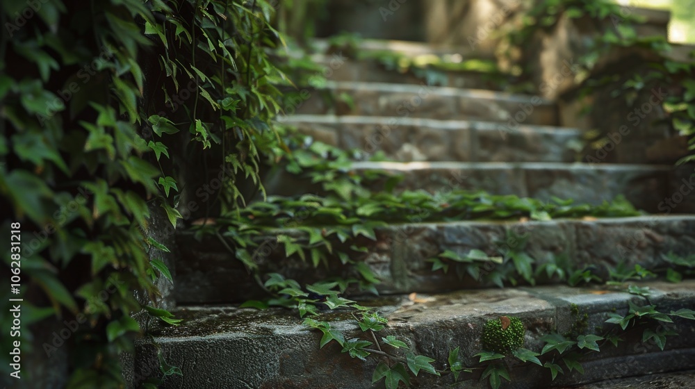 Poster close-up of a staircase with ivy creeping up the walls, blending architecture with nature