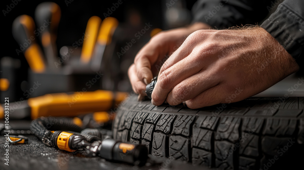 Poster close up of mechanic hands adjusting tire with tools nearby, showcasing precision and skill in autom
