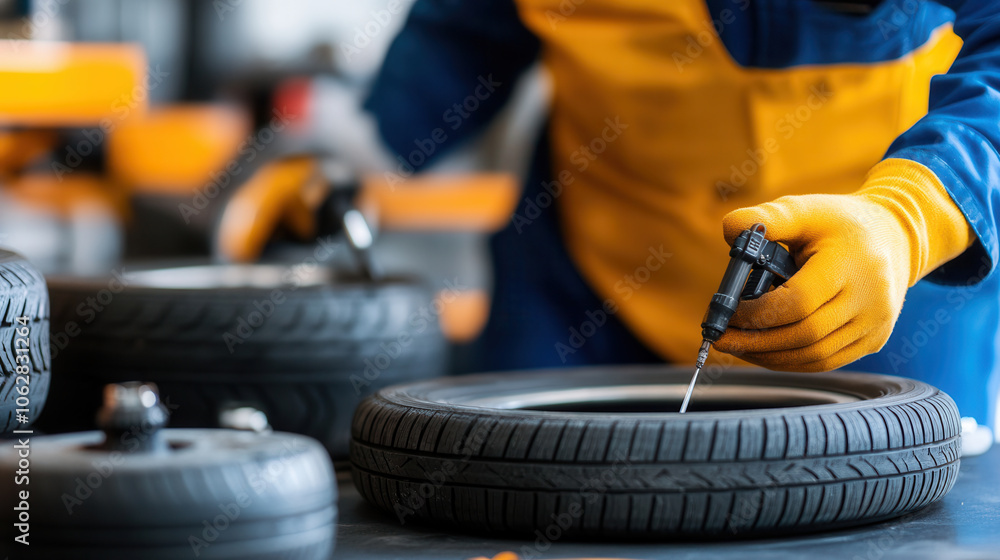 Poster mechanic using tire inflator on tire in workshop, showcasing precision and focus. vibrant colors of 