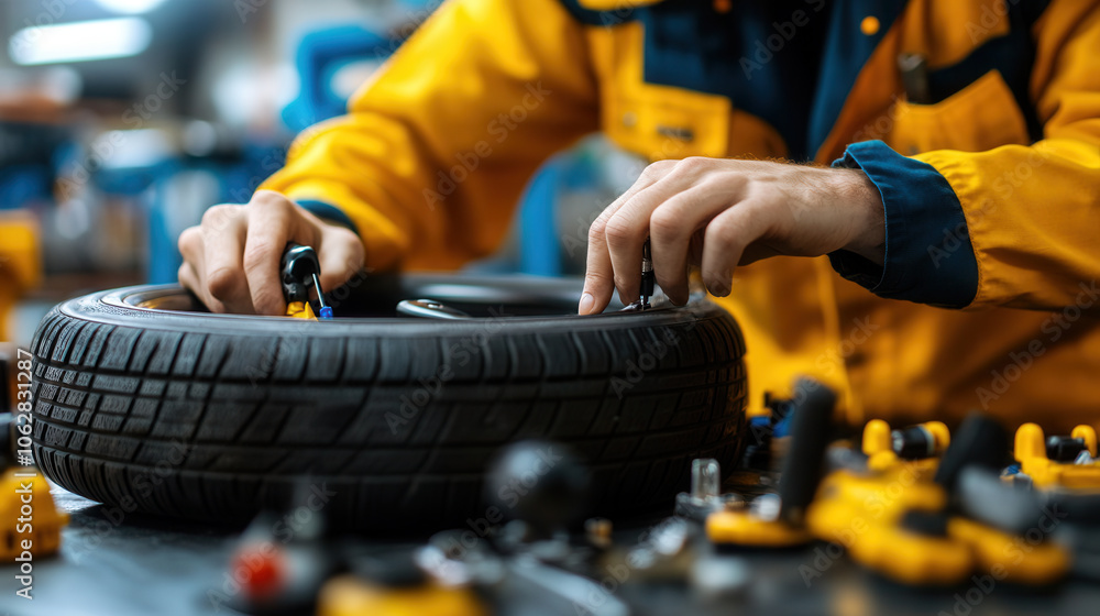 Poster close up of mechanic working on tire with tools on workbench, showcasing precision and focus