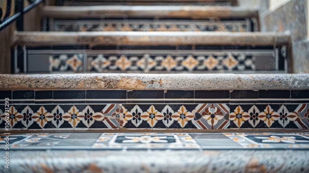 Poster close-up of a staircase with mosaic tile patterns, adding visual interest to the space
