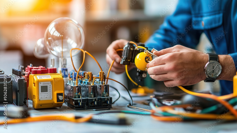 Poster close up of technician working with electrical components and tools on workbench, showcasing precisi