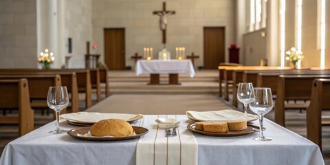 A simple table setting with two glasses, bread, and plates, resting on a pristine white tablecloth in a church sanctuary with a crucifix in the background.