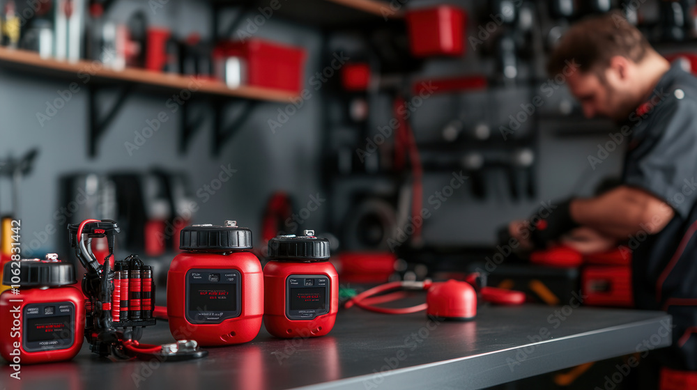 Aufkleber close up of tire inflators on workbench with tools in workshop. vibrant red color of inflators contr