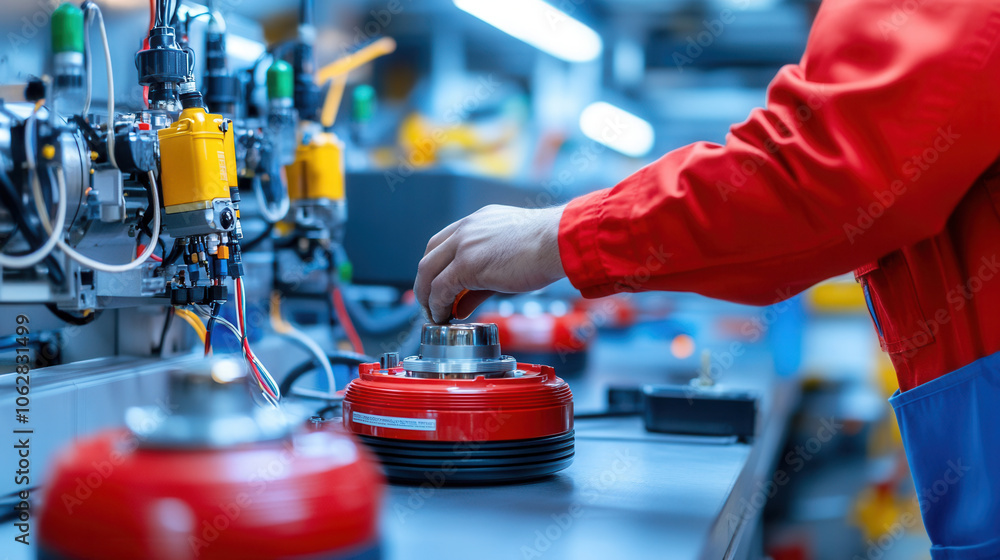 Poster technician adjusts tire inflators on workbench in workshop, showcasing precision and focus in vibran