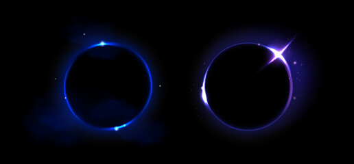 Solar eclipse circles showing moon covering sun on dark background. Glowing purple neon rings with bright luminous effects capture celestial phenomenon. Radiant circular shapes of astronomical event. © klyaksun
