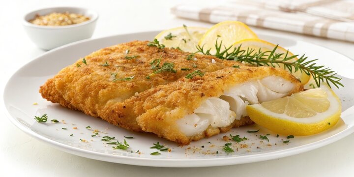Golden-brown breaded fish fillets, served with lemon wedges and fresh rosemary on a white plate