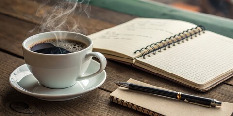 A steaming cup of coffee, an open notebook with a pen nearby, and a rustic wooden table, creating a cozy atmosphere for writing and inspiration.