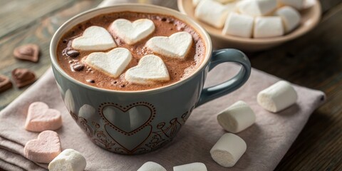 A warm mug of hot chocolate topped with heart-shaped marshmallows, surrounded by fluffy white marshmallows on a rustic wooden table and a soft linen cloth.