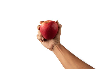 Male hand holding a red apple isolated no background cutout