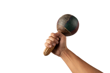 Male hand holding an ethnic design maraca isolated no background cutout
