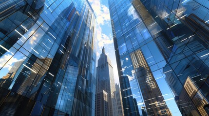 Reflective skyscrapers, business office buildings.