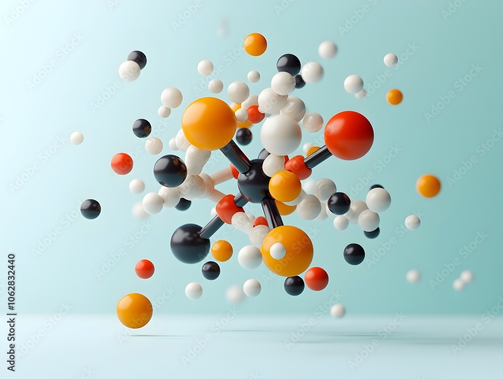 Poster visually striking molecular model featuring a complex organic molecule with diverse shapes and symme