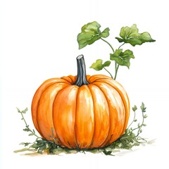 Obraz premium Watercolor illustration of a single orange pumpkin with green leaves and vines.