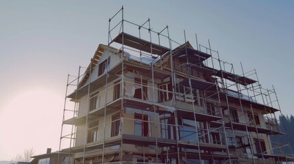 Exterior view of a new house in scaffolding under construction and painting.