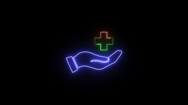 Health care logo icon animation, human health care medical logo, medical healthcare symbol neon glow animation on black background