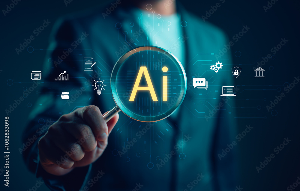 Poster human with ai technology, man use ai in their work to help maximize efficiency, machine learning, cr