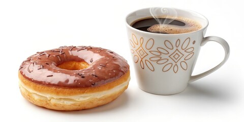 A chocolate glazed donut sprinkled with chocolate bits sits next to a steaming cup of coffee with a gold floral pattern