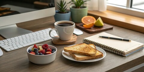 A wooden desk with a computer, keyboard, cup of coffee, fruit salad, toast, notebook and pen, ready for a productive morning.