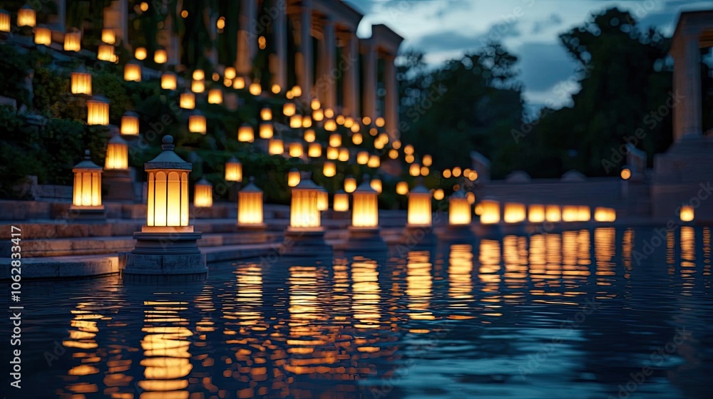 Poster Illuminated lanterns by tranquil water at twilight, creating a serene atmosphere.