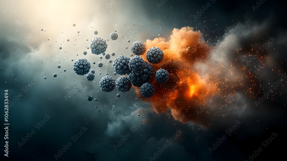Poster striking dispersed molecular formations spherical in shape but arranged in intriguing clustered patt