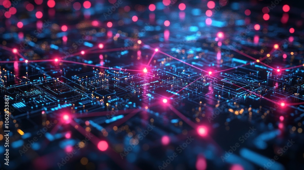Poster abstract digital network with glowing connections and circuits.