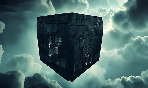 
A cube-shaped building floating in the sky, surrounded by clouds and night lights, with dark tones and high contrast, featuring a surreal sci-fi style