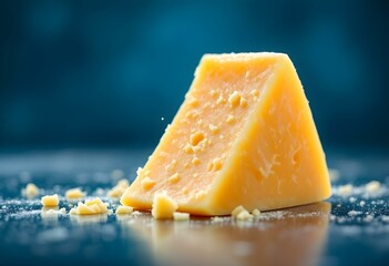 A wedge of parmesan cheese with crumbled pieces, isolated on white background