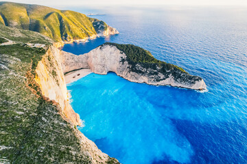 Zakynthos, Greece. Navagio Beach with sjipwreck in Ionian Sea. Beautiful views of azure sea water...