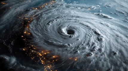 Aerial view of a swirling hurricane over land with bright city lights at night.