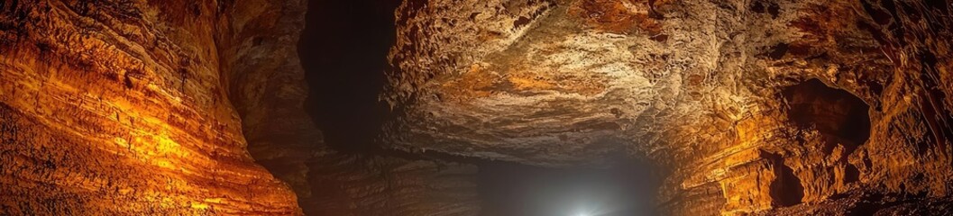 Fototapeta premium Explorer in a cave with dramatic rock formations and warm lighting.