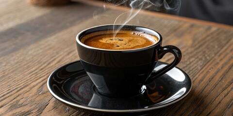 A steaming cup of coffee in a black ceramic mug sits on a black saucer atop a rustic wooden table.