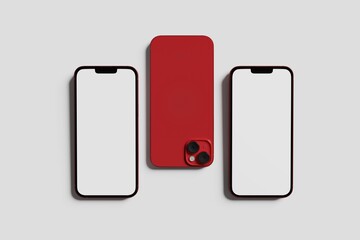 3D red smartphone mockup with white screen. Red mobile phone isolated on white background. 3d vector illustration