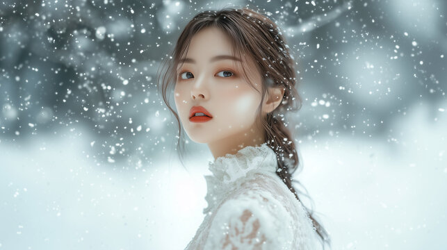 Beautiful young asian woman model with long hair, snowy background.