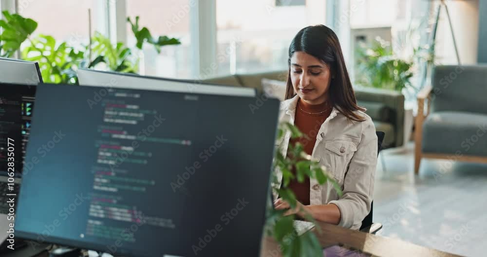 Leinwandbilder Computer, monitor and business woman coding software for app development in creative startup. Screen, programmer and engineer typing on tech for ui design, reading database and upgrade ai algorithm
