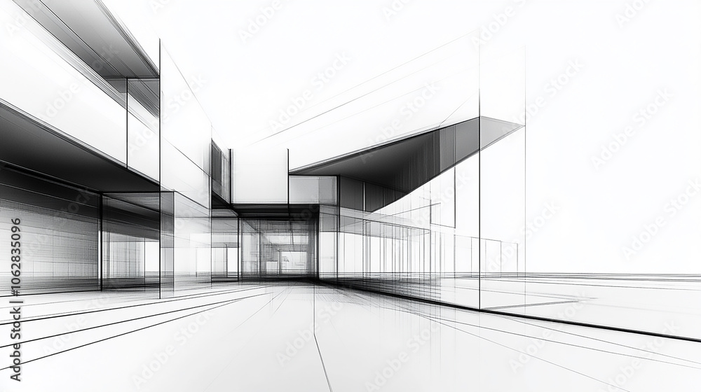 Poster sketch design and drafting of wireframe building. 3d illustration, digital project visualization. ab