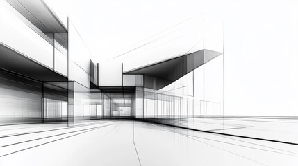 Obraz premium Sketch design and drafting of wireframe building. 3d illustration, Digital project visualization. Abstract black and white architectural sketch of a high-tech research facility with laboratories and 