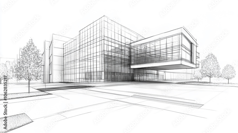 Poster sketch design and drafting of wireframe building. 3d illustration, digital project visualization. ab