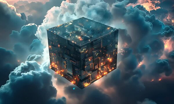 
A cube-shaped building floating in the sky, surrounded by clouds and night lights, with dark tones and high contrast, featuring a surreal sci-fi style