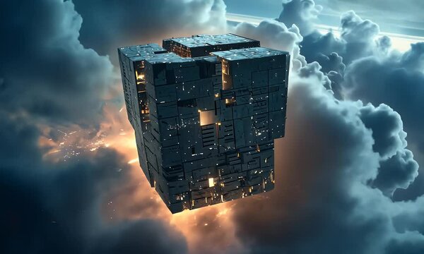 
A cube-shaped building floating in the sky, surrounded by clouds and night lights, with dark tones and high contrast, featuring a surreal sci-fi style