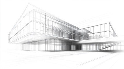 Modern architectural design of a sleek glass office building, emphasizing futuristic lines and contemporary urban aesthetics. Detailed architectural drawing with annotations and measurements.

