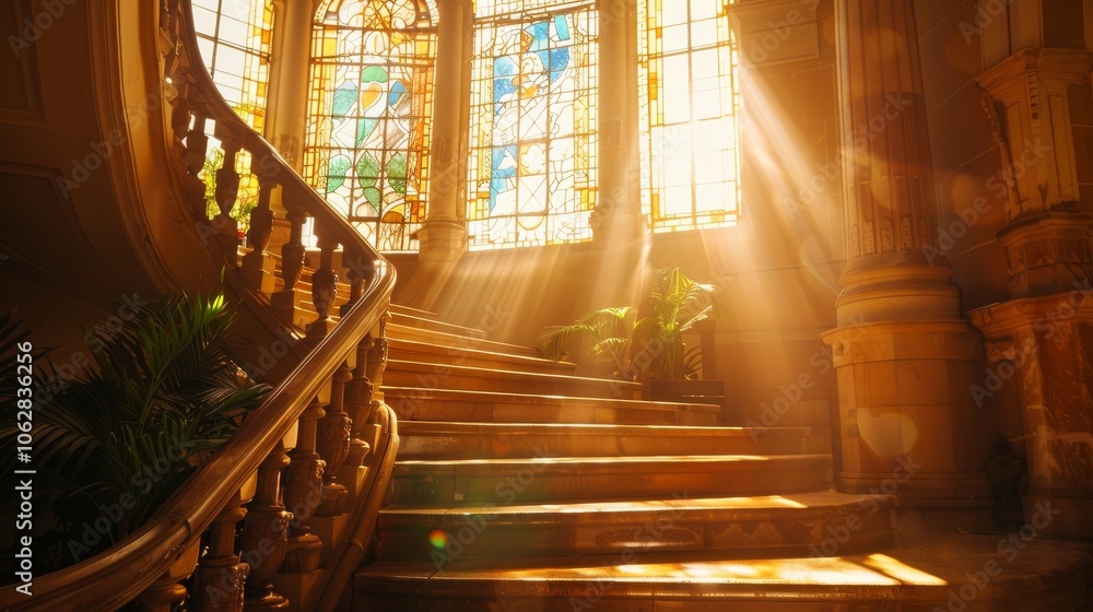 Poster staircase illuminated by sunlight streaming through stained glass windows, creating a serene atmosph