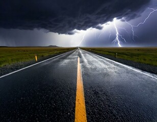 Una carretera desierta y recta que atraviesa un paisaje plano mientras cae una lluvia torrencial. Las nubes negras cubren el cielo y la carretera está mojada.