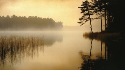 Fototapeta premium Silhouetted Trees Reflected in a Misty Lake at Sunset