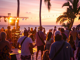 Live bands performing on a beach stage at a bustling music festival with dancing attendees.